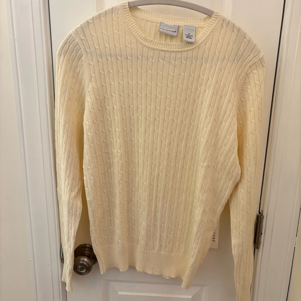 Kim Rogers Ivory Cable Knit Crew Neck Sweater 100% Cotton Classic Preppy